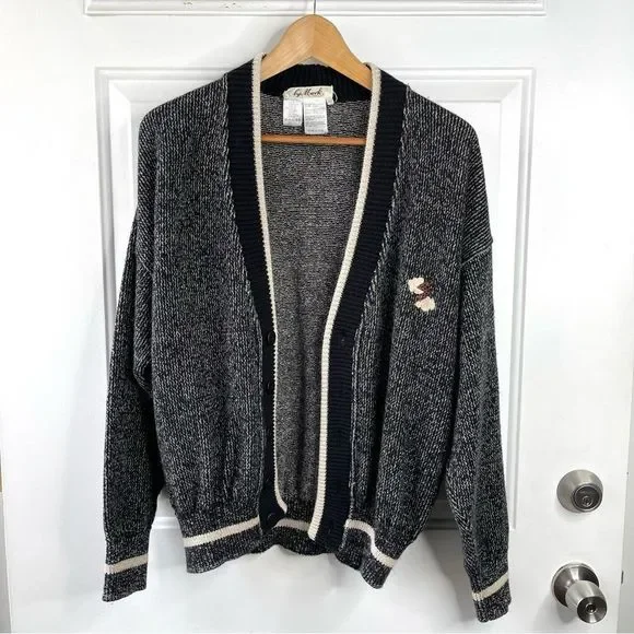 Vintage Sweater Lightning Bolt Patch Black Tan Grandpa Cardigan Size Small - Picture 8 of 12